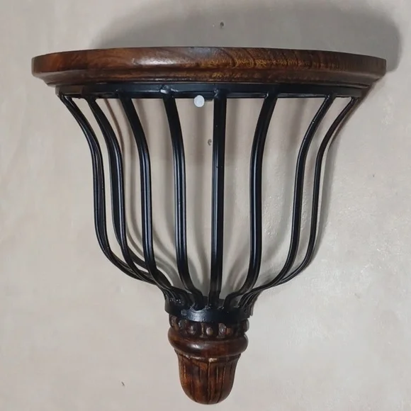 Beautiful accent shelf black worght iron basket dark wood shelf and bottom